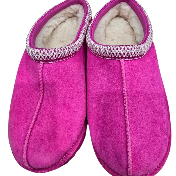 UGG Pink Suede Slippers with White Trim - Picture 10 of 12